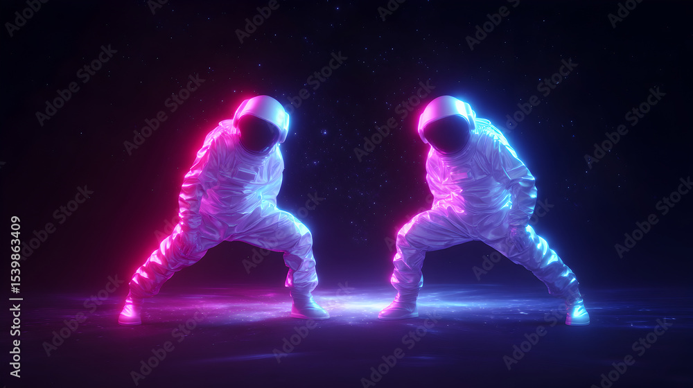 Obraz premium Two astronauts in glowing suits face each other in a dark, starry space environment, illuminated by neon pink and blue lights.