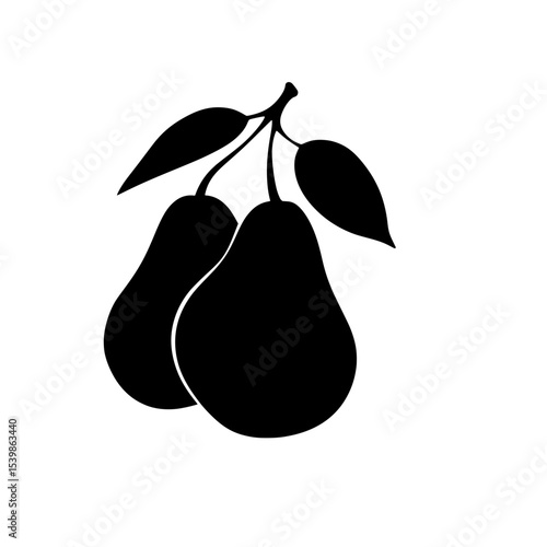 Two black pears with leaves on white background  