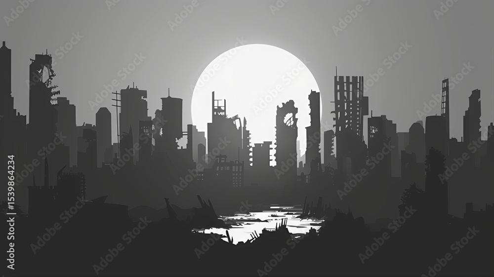 Obraz premium Grayscale silhouette of an apocalyptic ruin cityscape digital art vector illustration 