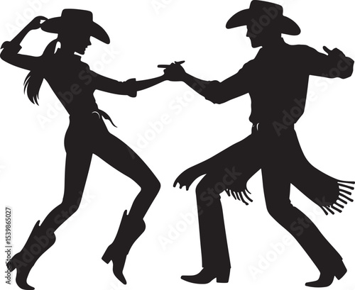 Silhouetted couple in cowboy hats and boots energetically performing a Western dancing routine with lively movement represented against a bright minimalist background