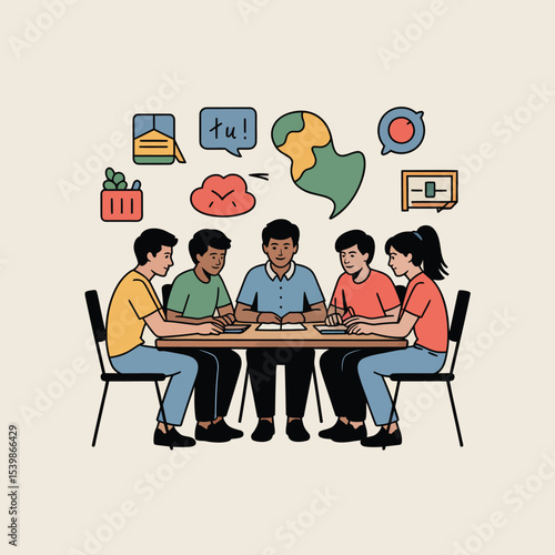 Illustration of diverse people collaborating in a meeting with language learning symbols and icons in a flat design