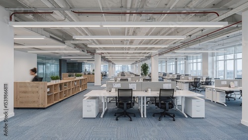 Open plan office interior with modern furniture.