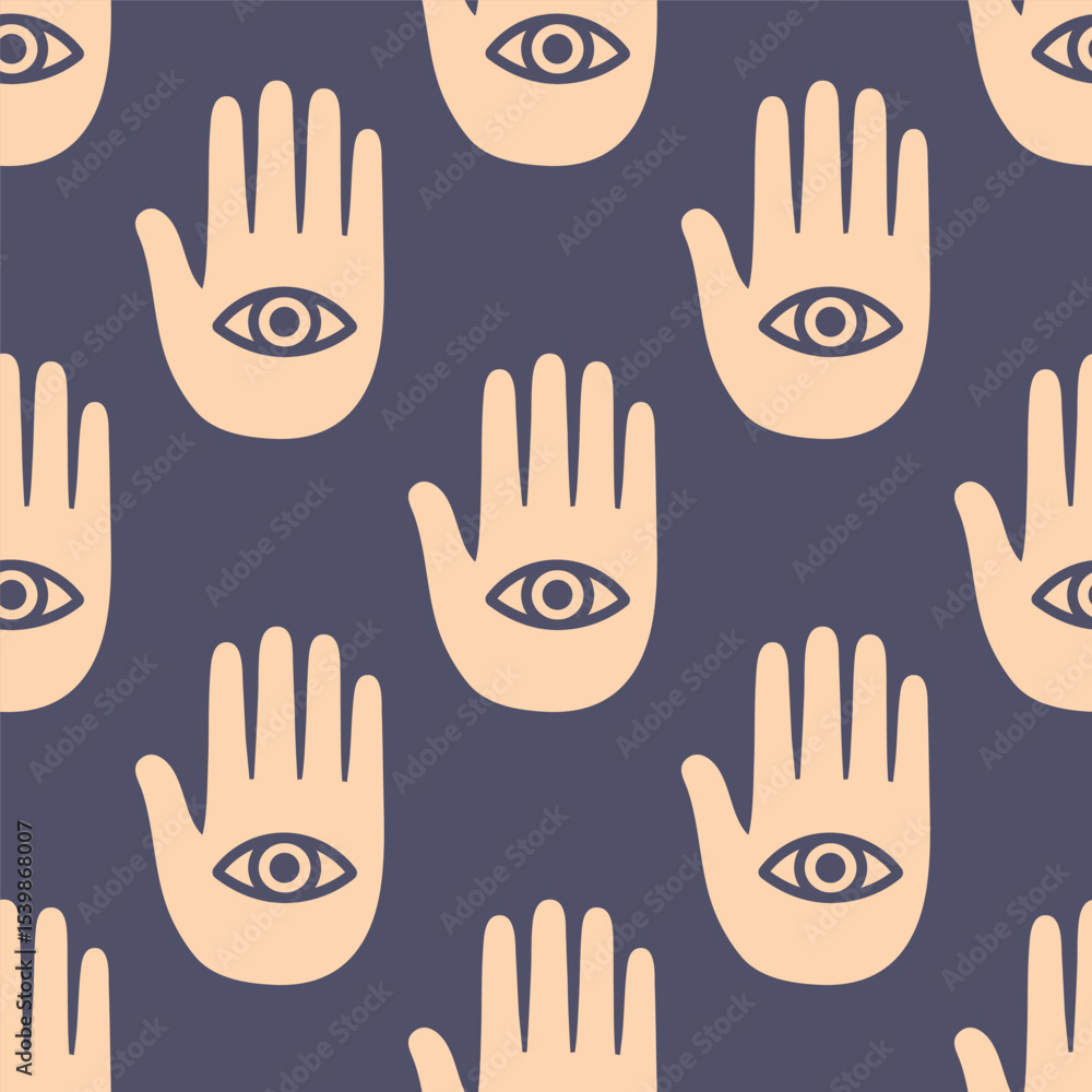 Obraz premium Boho hamsa hand with eye seamless pattern on dark background