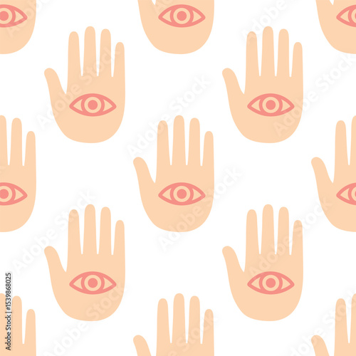 Boho hamsa hands with eyes seamless pattern on white background