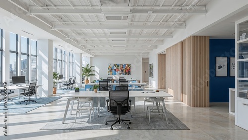 Modern open-plan office space with large windows.