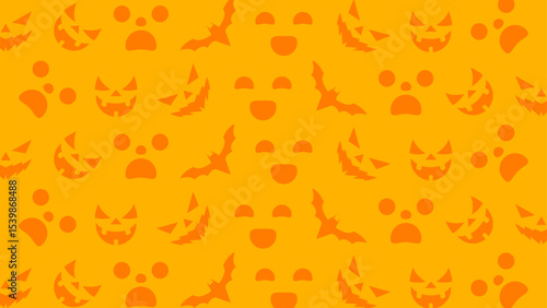 Orange Halloween pattern features scary face, bats, and ghosts. Suitable for Halloween themed designs, party invitations, and seasonal decorations.