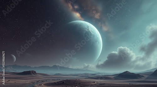 far galaxy planet landskape with dark starsing sky