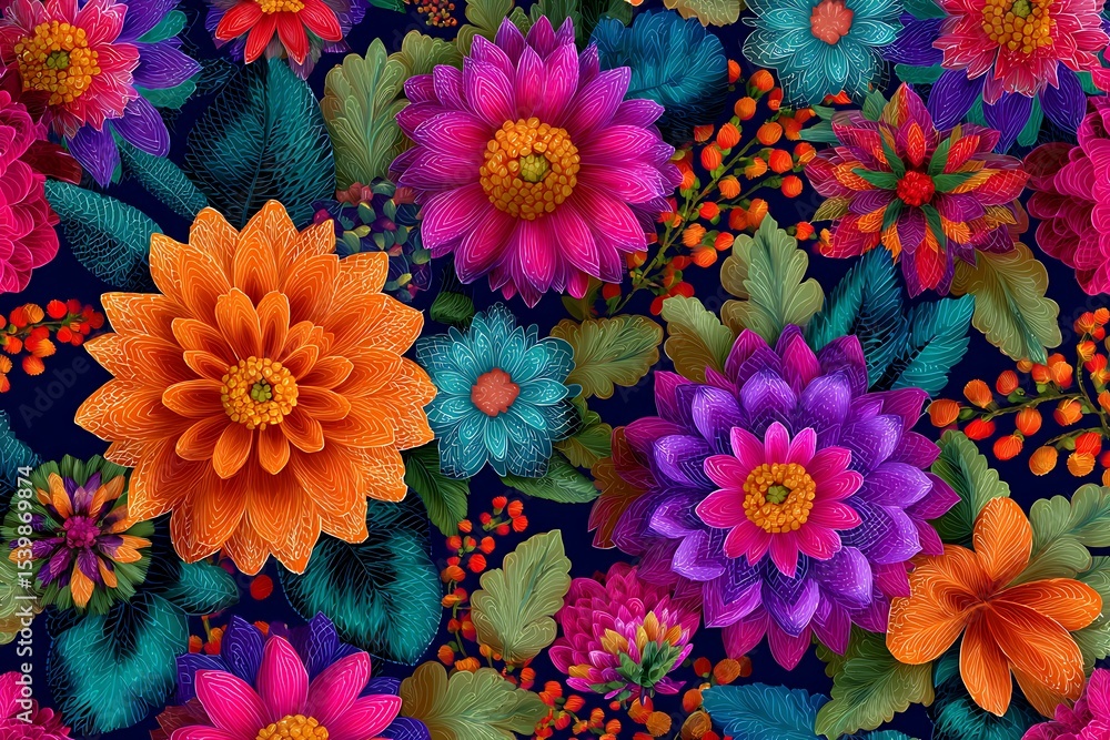 Fototapeta premium Vivid Floral Garden, Vibrant Flowers, Colorful Leaves, Dark Blue Background, Artful Design