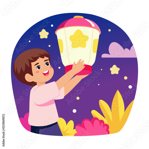 A flat style illustration showing a person holding sky lantern