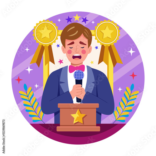A flat style illustration showing a person winning speech