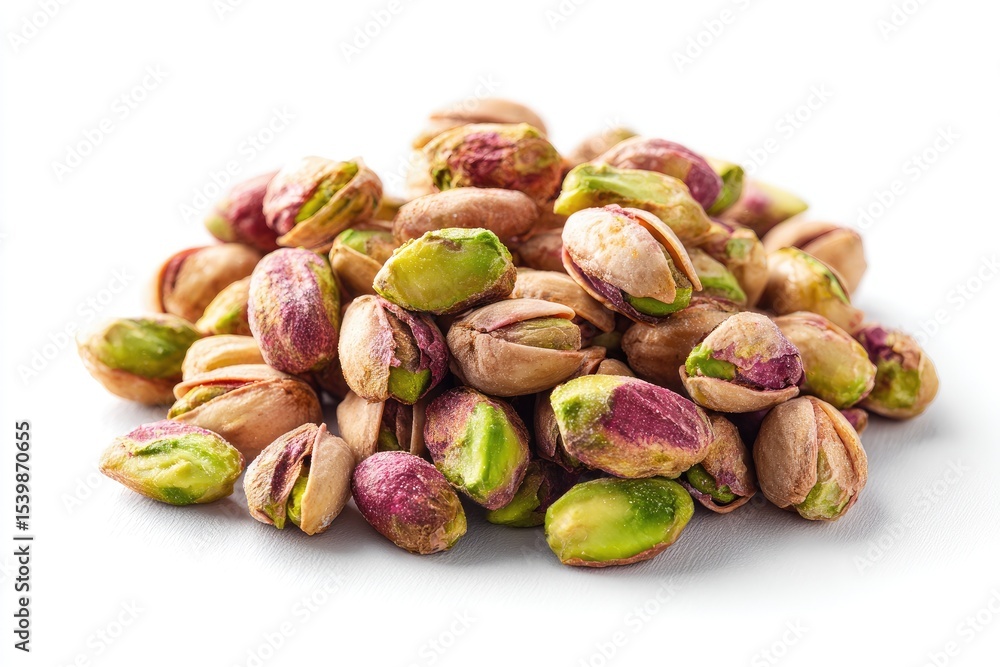 A small pile of shelled pistachios, some open, revealing vibrant green kernels, rests on a stark white background. The nuts vary in shade, showing a mix of reddish-pink and beige shells A small pile of shelled pistachios, some open, revealing vibrant green kernels, rests on a stark white background. The nuts vary in shade, showing a mix of reddish-pink and beige shells