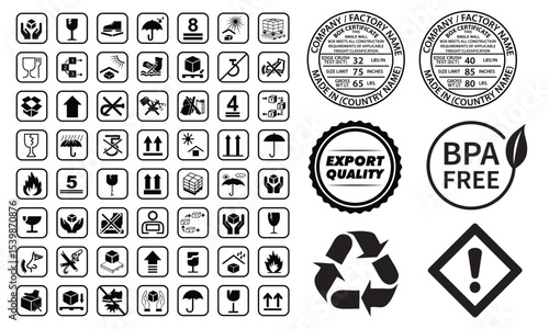 Corrugated Box Packaging warning symbols set, fragile, fragile package warning signs, box in hands, glass, side up box, logistics delivery vector, bursting test certificate, BPA Free
