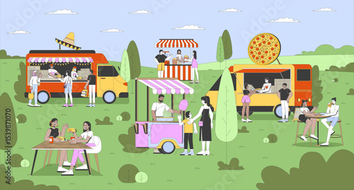 Crowded food truck rally with people eating outdoors flat illustration. Weekend culinary festival vendors. Street food stalls fastfood 2D characters cartoon background. Colorful scene vector art image
