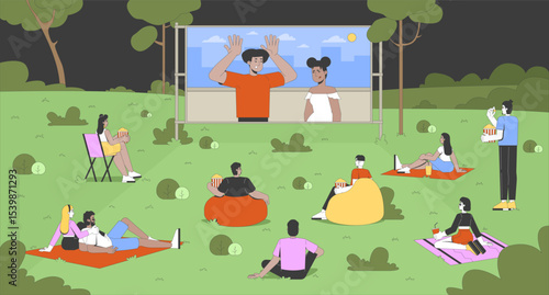 Outdoor movie night in park flat illustration. Open-air film festival. People watching cinema screen on picnic blankets with popcorn 2D characters cartoon background. Colorful scene vector art image