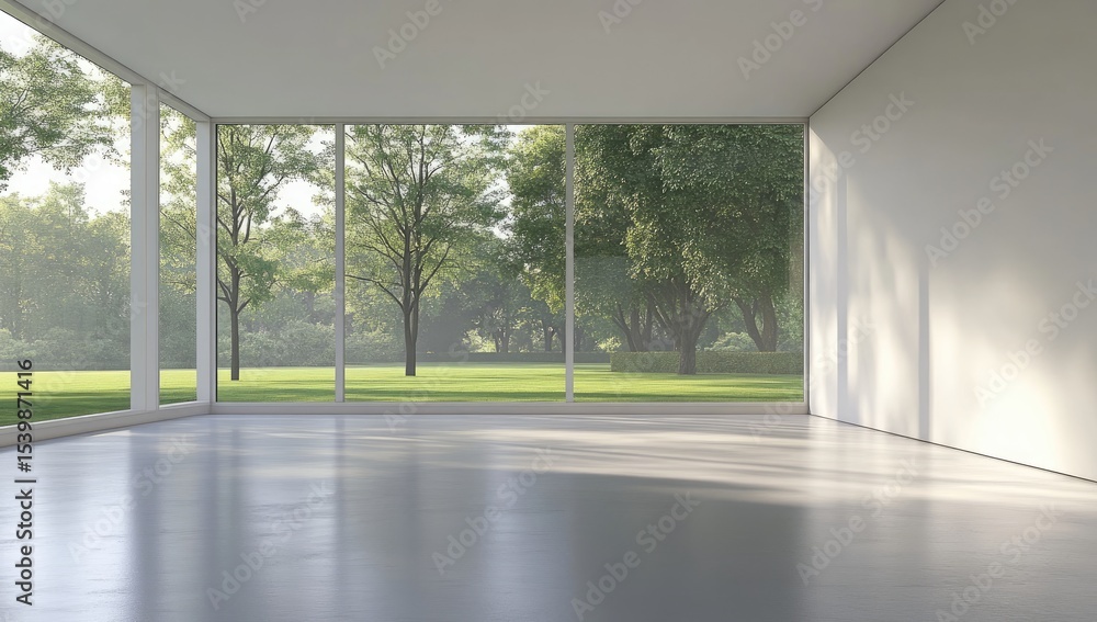 Obraz premium Empty modern room with large windows overlooking a park