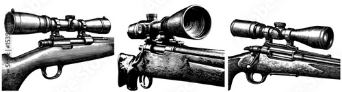 Rifle with scope in vintage engraving style in black and white