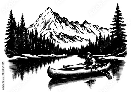 A lone canoeist paddles across a calm lake against a backdrop of mountains and forest.