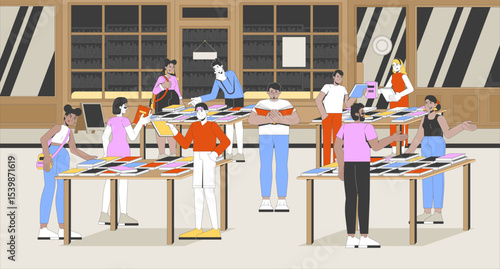 Bookfair with people browsing books on tables flat illustration. Library event. Literary festival. Writers readers on book fair 2D characters cartoon background. Colorful scene vector art image