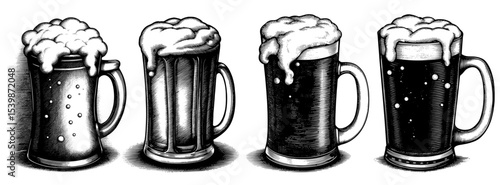 Beer mugs in a black and white wood-engraving style