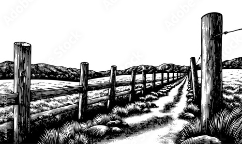 A country road and fence leading to mountains in a woodblock style, in black and white