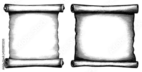 Blank scrolls in a vintage woodcut style, in black and white