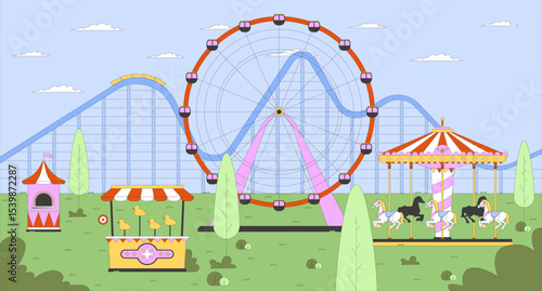 Empty amusement park with ferris wheel, carousel, carnival game flat illustration background. Roller coaster, horse roundabout attractions 2D cartoon backdrop. Colorful scene vector art image