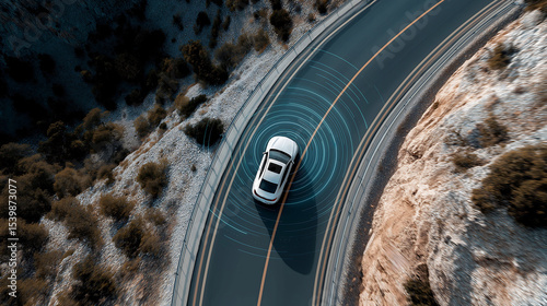 Autonomous car driving on highway surrounded by mountains with sensors, Modern vehicle with ai assisted sensors for movement