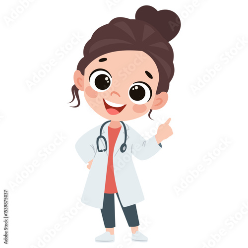 Cute baby girl in doctor costume pointing finger. Flat vector illustration in simple child style on white background. Vector illustration
