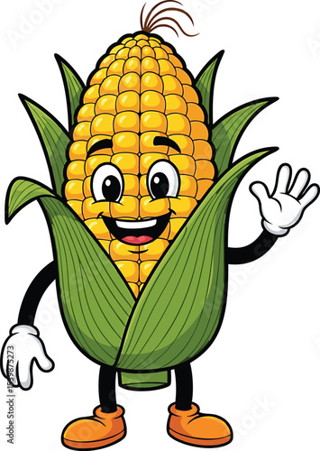 Happy Yellow Corn Cob Cartoon Mascot Waving character