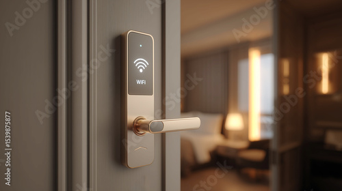 Modern smart home system of door lock with Wifi icon and soft lighting effects