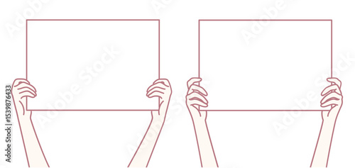 Two hands holding blank signs ready for messages, perfect for creative advertising or social media campaigns.