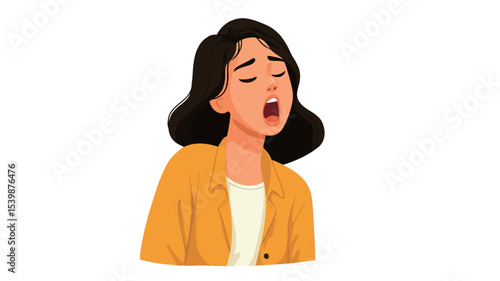 A digital illustration depicting a close-up view of a young woman's head and shoulders.  She has short, dark brown hair and is shown yawning with her mouth wide open.  She is wearing a mustard