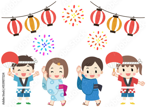 夏祭りを楽しむ浴衣と法被を着た子供たちのイラスト