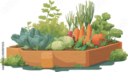A digital illustration depicting a variety of vegetables growing in a wooden raised garden bed. The vegetables include carrots, cabbage, spinach, and various herbs. 