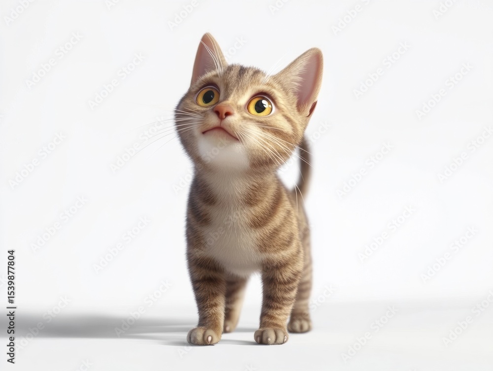Obraz premium Adorable 3D animated kitten with big eyes, perfect for children's content, pet care promotions, or animation projects conveying curiosity and playfulness.