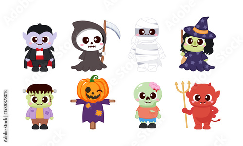 Cute cartoon style Halloween characters, dracula, zombie, skull, devil, pumpkin