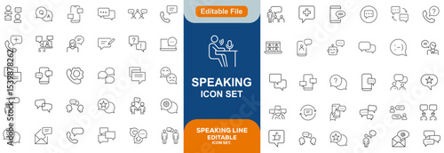 Speaking set of web icons in line style. Communication icons for web and mobile app. Containing people, communication, talking, discussion, speech bubble, team, support and more