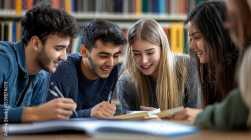 University students working on group project in library Close-up