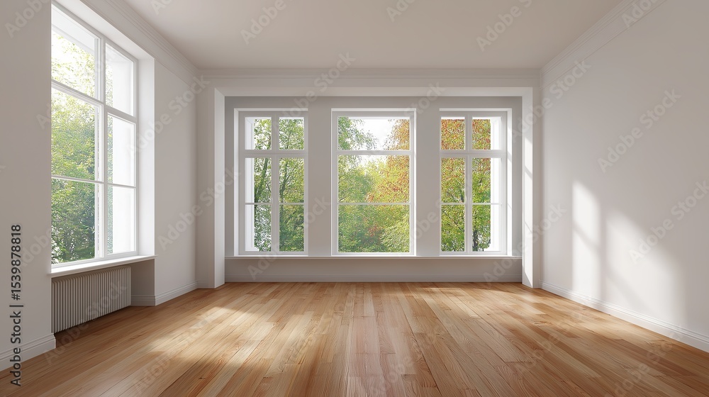Fototapeta premium Minimalist living room with white walls and wooden floor, bathed in soft natural light. Serene simplicity in a spacious modern interior.
