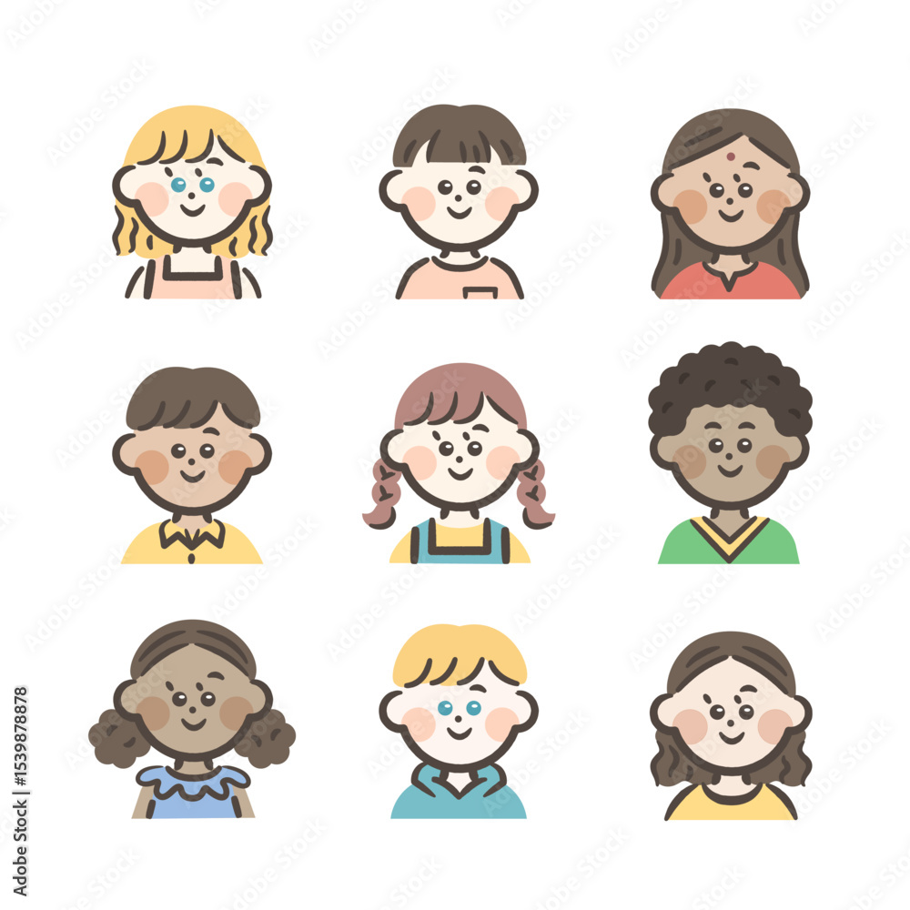 Illustration set of children's faces around the world Illustration set of children's faces around the world