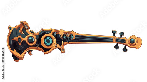 A digital illustration of a stylized violin rendered in a steampunk aesthetic.  The violin is predominantly black with gold detailing, featuring intricate mechanical elements such as gears 