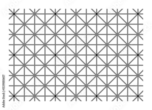 Try to see all 12 dots at once, optical illusion. Your brain will not let you see all 12 dots at once in the grid intersections. Scintillating grid illusion, a variation of the Hermann grid illusion.