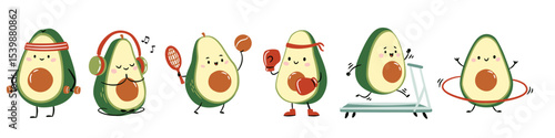 A set of flat vector illustrations in a simple children's style. Cute avocados with muzzles hands and feet are playing sports. Vector illustration