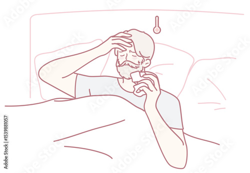 A man is feeling unwell while lying in bed, holding a thermometer and some medication, showing signs of illness