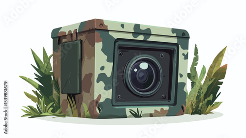 A digital rendering of a square action camera encased in a camouflage-patterned protective box. The box is styled like a small metal container, with a hinged lid and a carrying handle. 