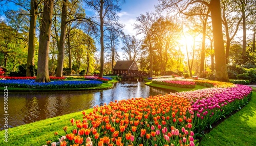 Fototapeta Naklejka Na Ścianę i Meble -  Spring tulips garden with canal, and sunset.