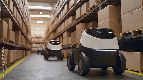 Autonomous warehouse robots navigate a storage facility.