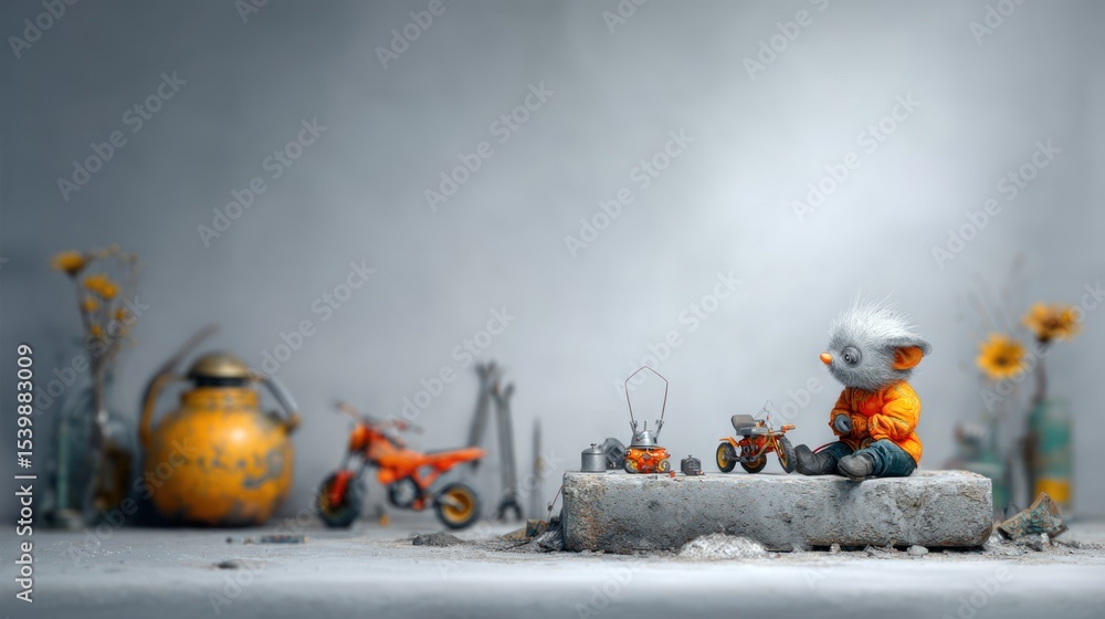 Fototapeta premium Miniature Orange Motorcycle Rider Figurine on Grey Stone