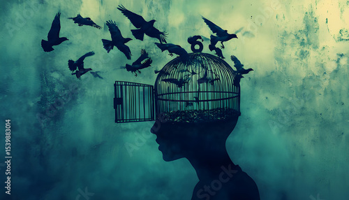 Surreal scene of a person with birdcage instead of head. The cell door opens and the birds escaped the prison. The freedom of idea metaphor. Free your mind as concept for liberty of expression