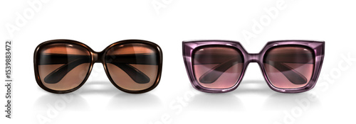Stylish 3d eyewear set with bold frames - modern sunglasses in glossy tortoiseshell and translucent materials, gradient lenses for fashion accessories, summer promotions or optical store marketing.